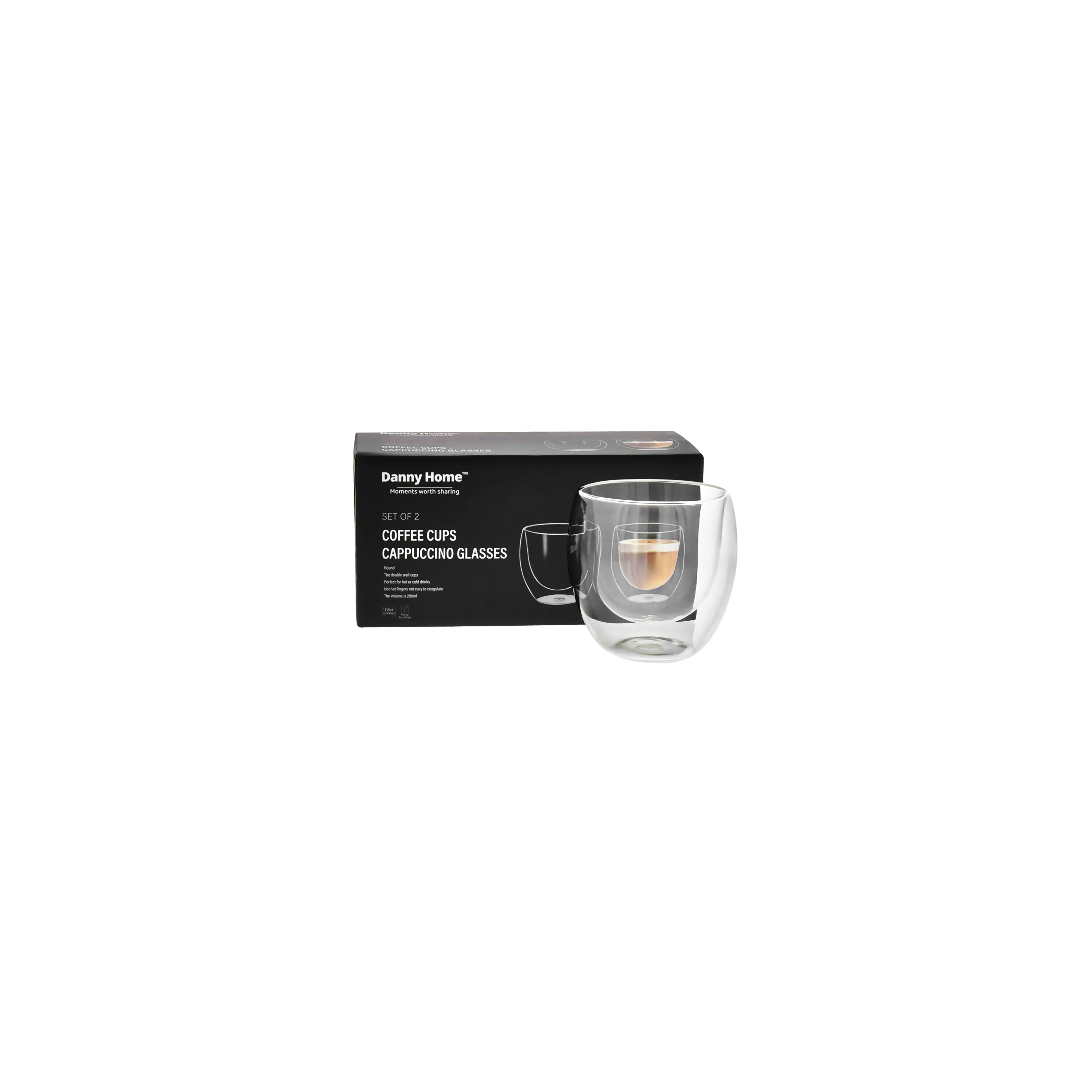 Set de 2 tazas de vidrio doble pared cappuccino 200 ml